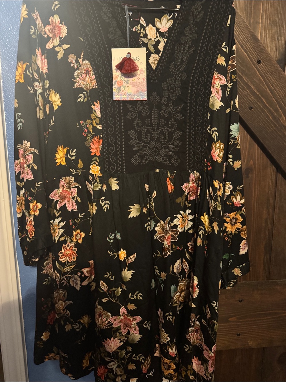 Johnny Was Black Floral Long-Sleeve Midi Dress